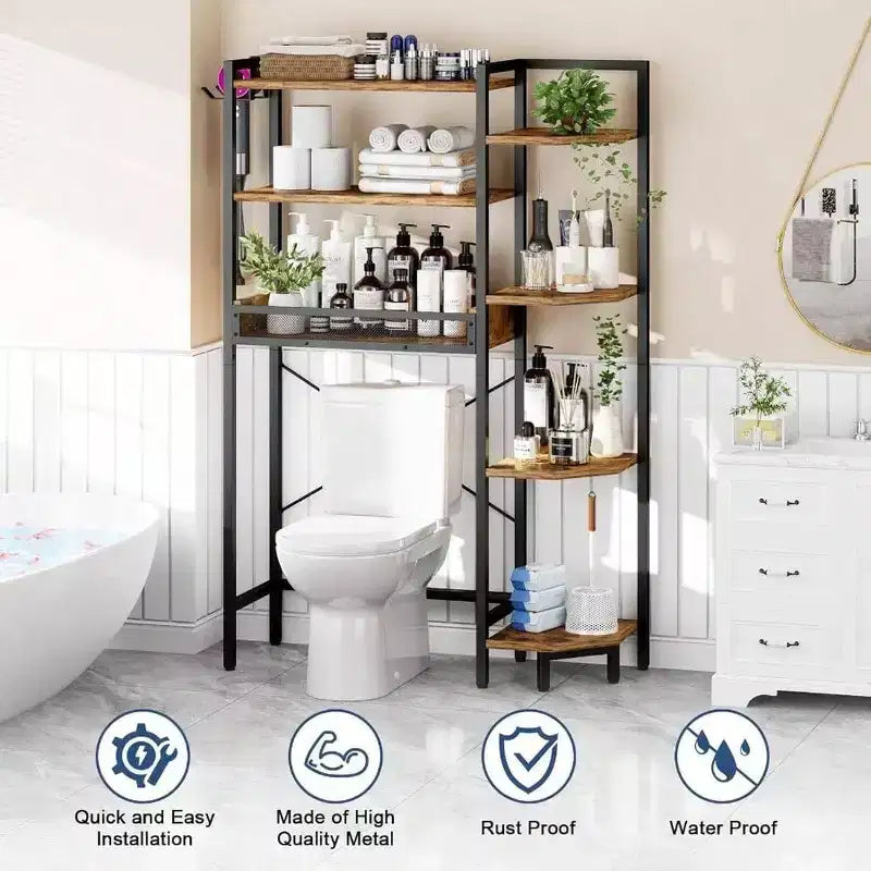 K1 Heavy Duty Tier Over Toilet Storage with Basket and Paper Hook Freestanding Above Toilet Shelf Adjustable Feet Rustic Brown