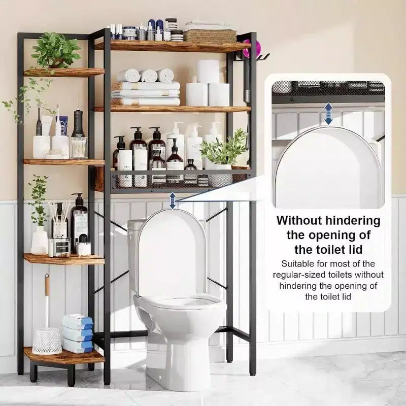 K1 Heavy Duty Tier Over Toilet Storage with Basket and Paper Hook Freestanding Above Toilet Shelf Adjustable Feet Rustic Brown