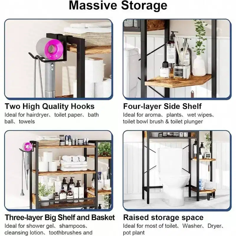 K1 Heavy Duty Tier Over Toilet Storage with Basket and Paper Hook Freestanding Above Toilet Shelf Adjustable Feet Rustic Brown