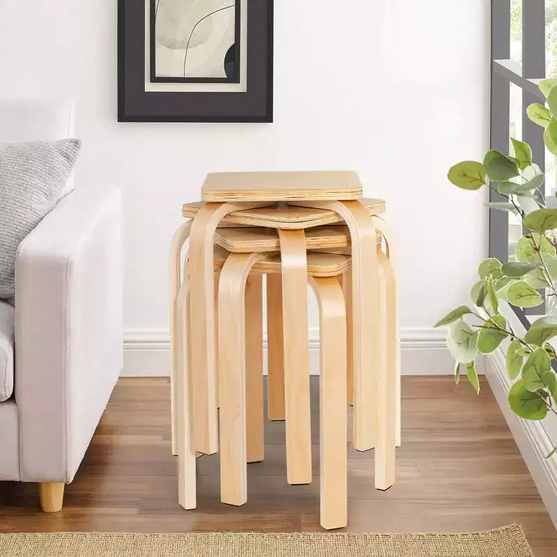 Costway 4 Set Square Backless Stools w/ Rounded Corners & Anti-slip Felt Mats Wooden