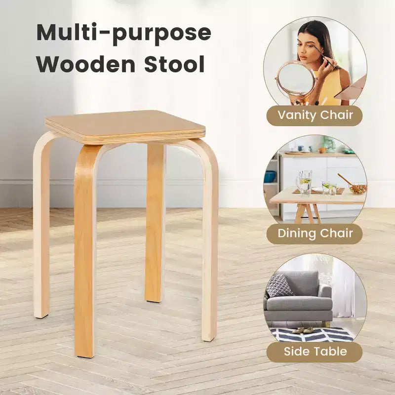 Costway 4 Set Square Backless Stools w/ Rounded Corners & Anti-slip Felt Mats Wooden