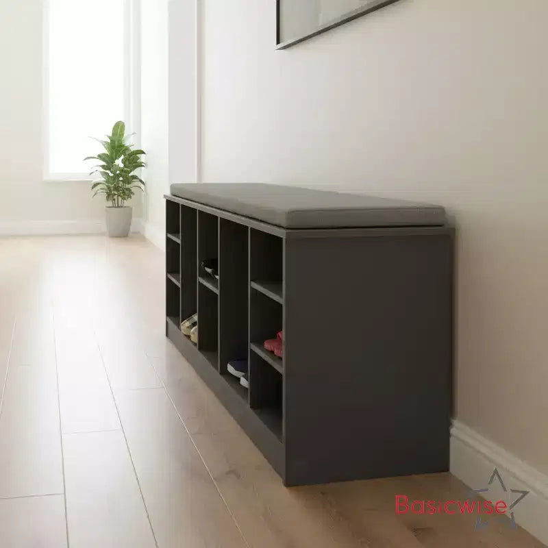 Basicwise Multi-Purpose Wooden Shoe Storage Bench Cushioned Seat Open Cubby Compartments and Versatile Organizer for Shoes and Accessories