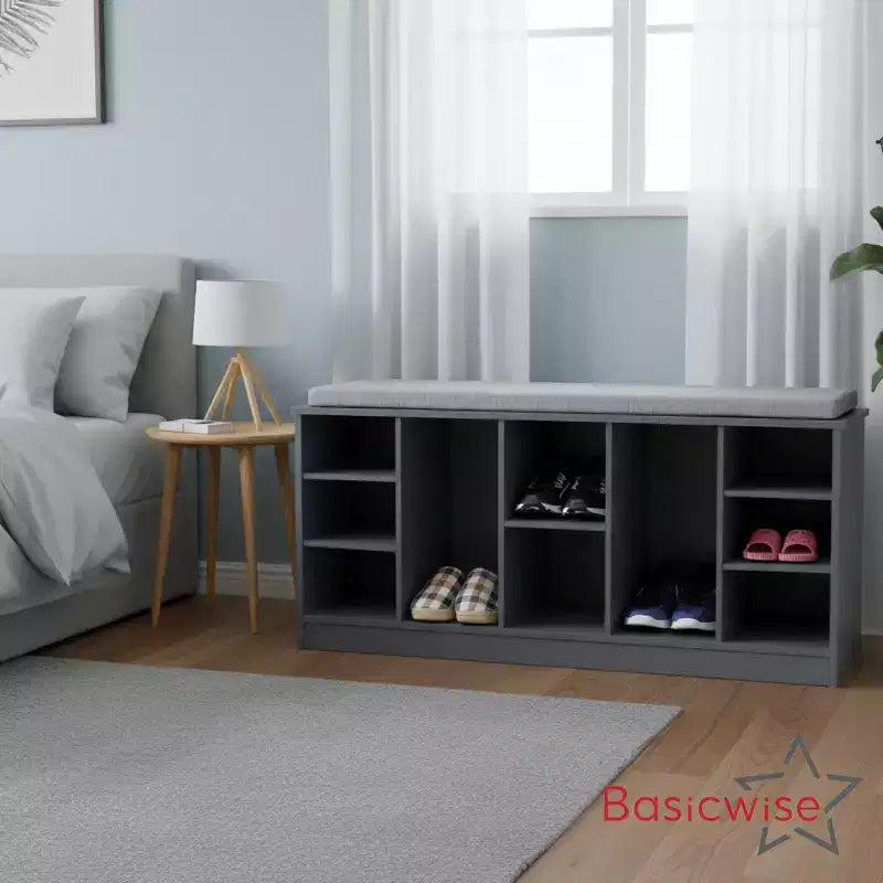 Basicwise Multi-Purpose Wooden Shoe Storage Bench Cushioned Seat Open Cubby Compartments and Versatile Organizer for Shoes and Accessories
