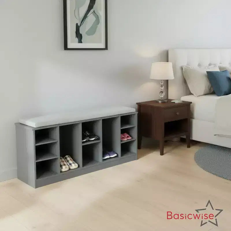 Basicwise Multi-Purpose Wooden Shoe Storage Bench Cushioned Seat Open Cubby Compartments and Versatile Organizer for Shoes and Accessories