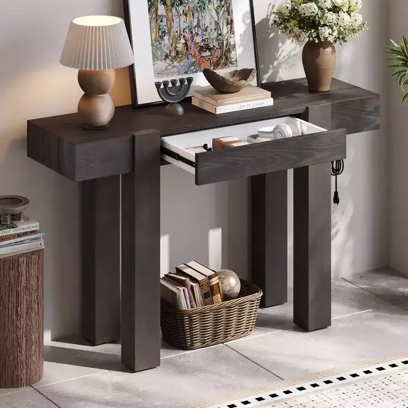 Okak Rustic Wood Texture Veneer Console Table with Storage Drawer,Farmhouse Sofa Table Bar Table for Living Room,Hallway