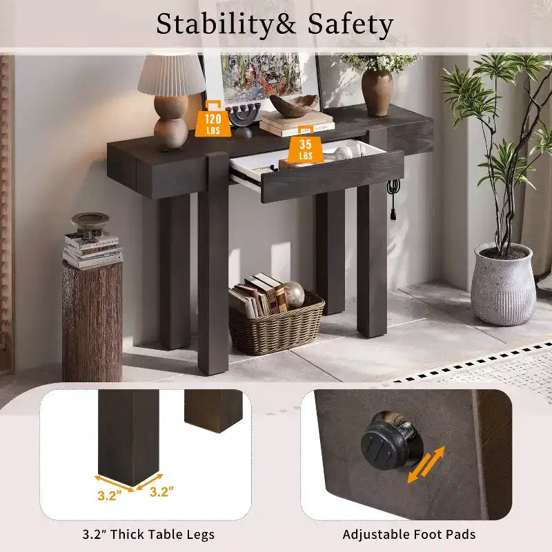 Okak Rustic Wood Texture Veneer Console Table with Storage Drawer,Farmhouse Sofa Table Bar Table for Living Room,Hallway