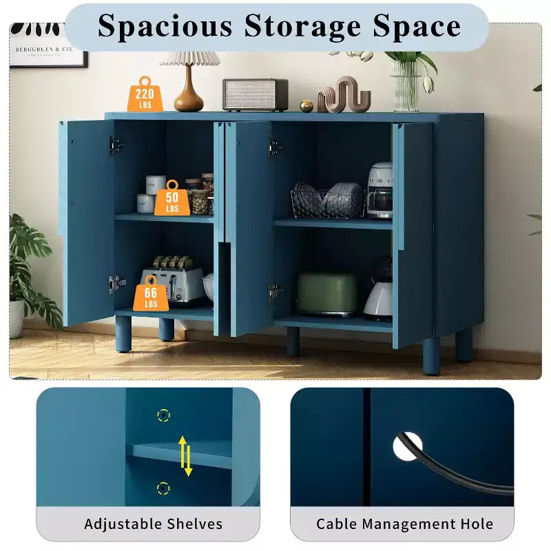 TUYOHW 4-Door Sideboard Cabinet,Wood Buffet Table with Arc Handles,Adjustable Shelves,Cable Management,Console Cabinet for Dining Room,Kitchen,Navy
