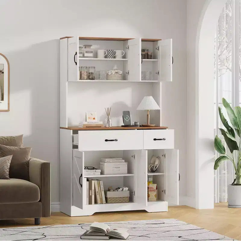 71 Pantry Cabinet with Charging Station, Kitchen Hutch Storage Cabinet with Countertop & Drawer, Farmhouse Food Pantry with Microwave Stand