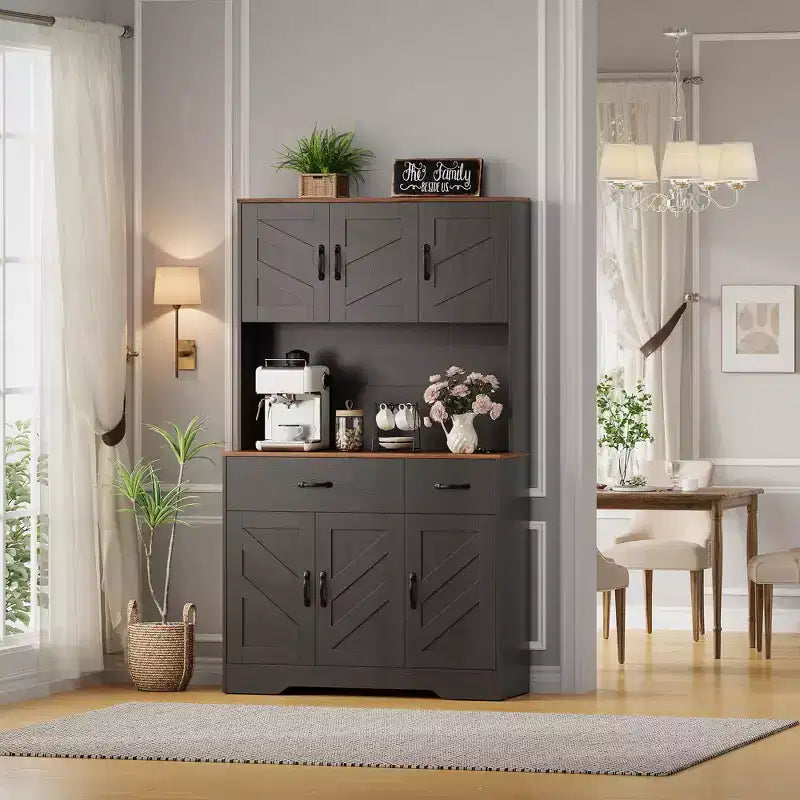 71 Pantry Cabinet with Charging Station, Kitchen Hutch Storage Cabinet with Countertop & Drawer, Farmhouse Food Pantry with Microwave Stand