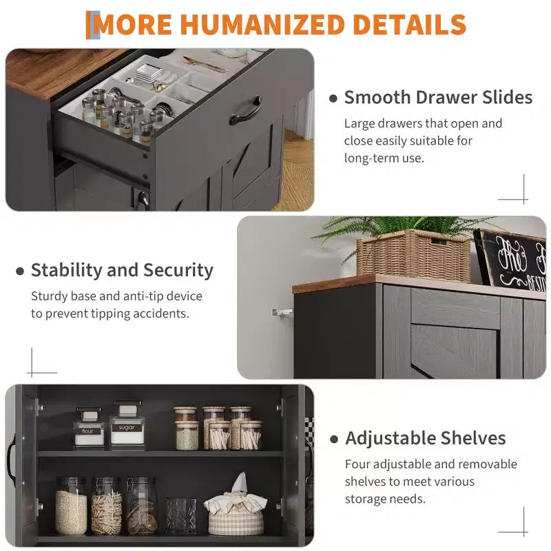 71 Pantry Cabinet with Charging Station, Kitchen Hutch Storage Cabinet with Countertop & Drawer, Farmhouse Food Pantry with Microwave Stand