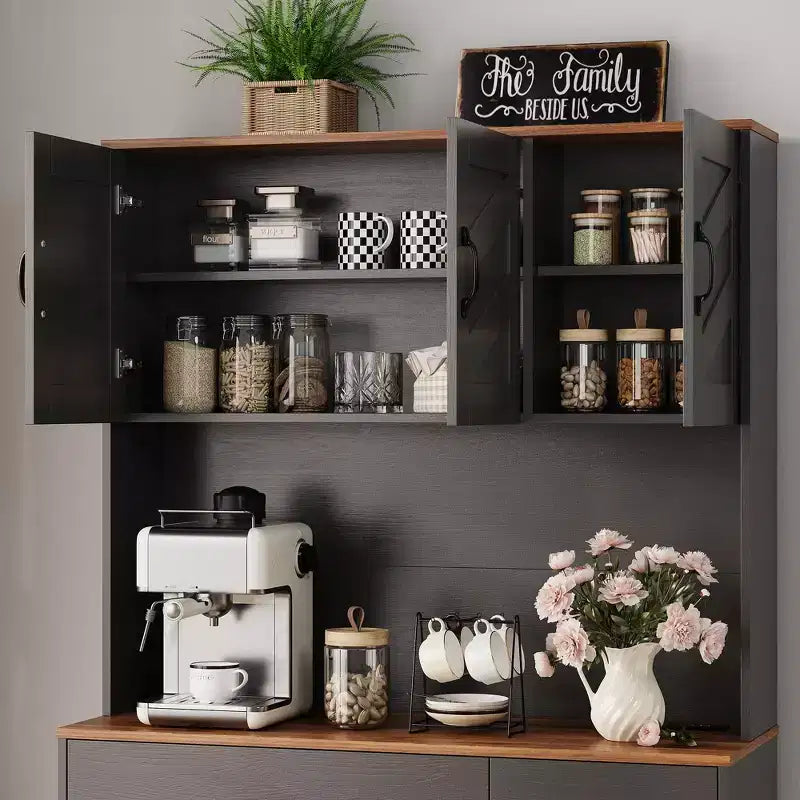 71 Pantry Cabinet with Charging Station, Kitchen Hutch Storage Cabinet with Countertop & Drawer, Farmhouse Food Pantry with Microwave Stand