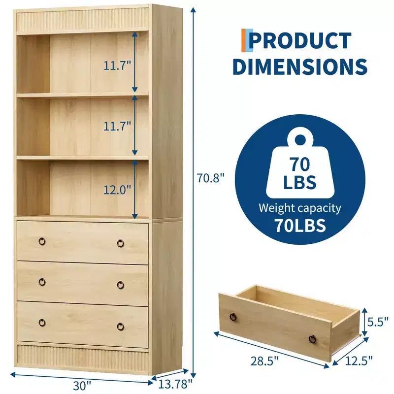 Bookshelf with Drawers 70.8 Fluted Bookcase, Light Wood Bookshelf 6 Tier Bookcase with Storage, Tall Book Shelf with Waved Design, Storage Cabinet