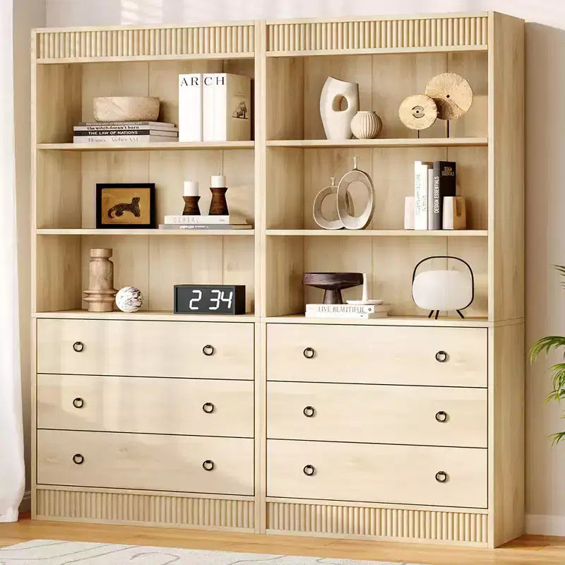 Bookshelf with Drawers 70.8 Fluted Bookcase, Light Wood Bookshelf 6 Tier Bookcase with Storage, Tall Book Shelf with Waved Design, Storage Cabinet