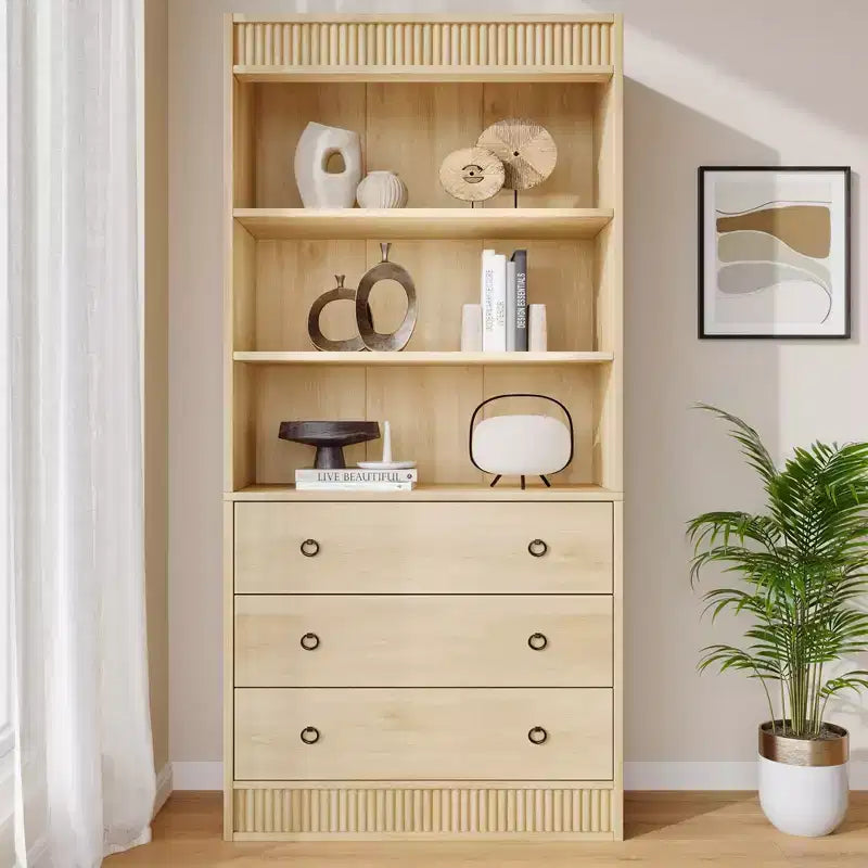 Bookshelf with Drawers 70.8 Fluted Bookcase, Light Wood Bookshelf 6 Tier Bookcase with Storage, Tall Book Shelf with Waved Design, Storage Cabinet