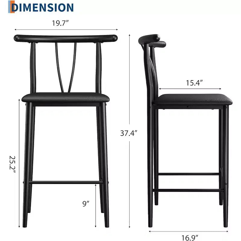Bar Stools Set of 2/4, 25 Inch Counter Height Faux Leather Stools with Back, Black Metal Legs