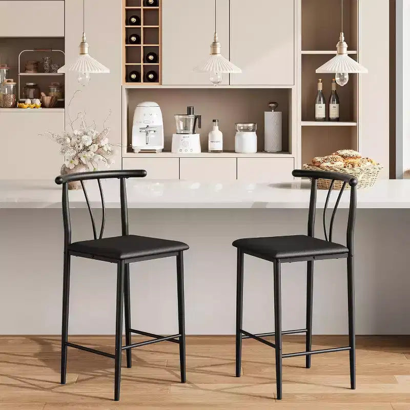 Bar Stools Set of 2/4, 25 Inch Counter Height Faux Leather Stools with Back, Black Metal Legs