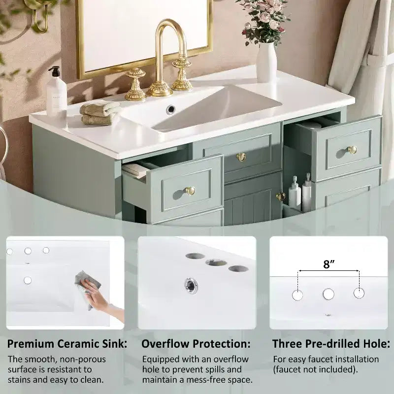 36 Green Bathroom Vanity with Sink, Bathroom Storage Cabinet with Drawers and Adjustable Shelf