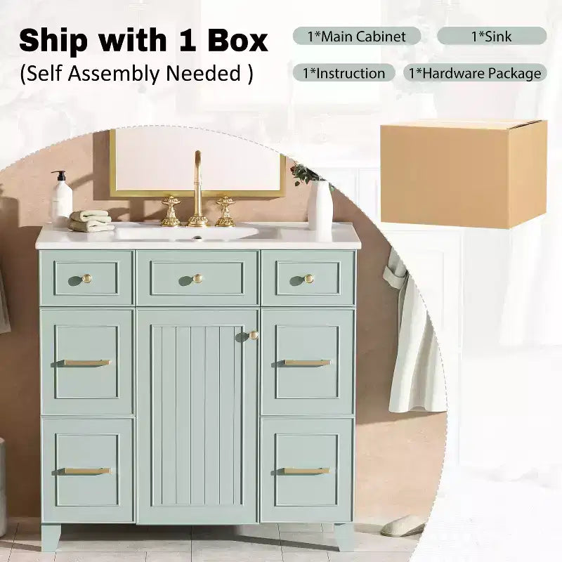 36 Green Bathroom Vanity with Sink, Bathroom Storage Cabinet with Drawers and Adjustable Shelf