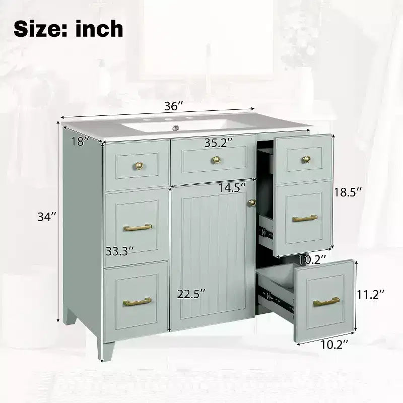 36 Green Bathroom Vanity with Sink, Bathroom Storage Cabinet with Drawers and Adjustable Shelf