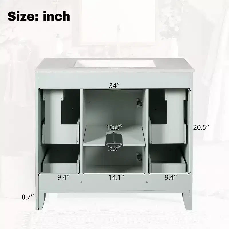 36 Green Bathroom Vanity with Sink, Bathroom Storage Cabinet with Drawers and Adjustable Shelf