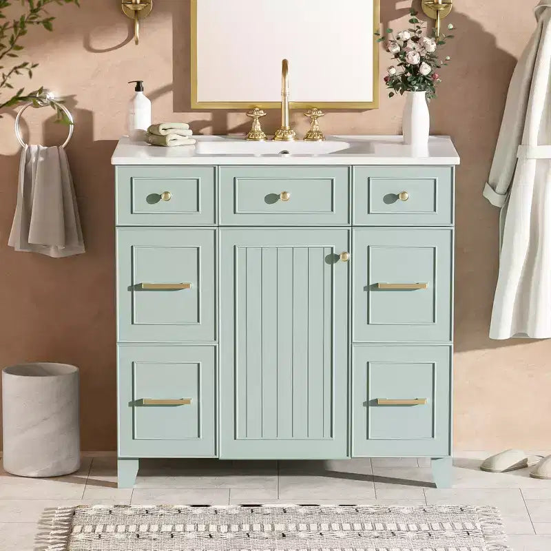 36 Green Bathroom Vanity with Sink, Bathroom Storage Cabinet with Drawers and Adjustable Shelf