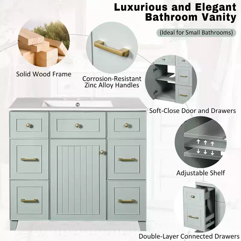 36 Green Bathroom Vanity with Sink, Bathroom Storage Cabinet with Drawers and Adjustable Shelf
