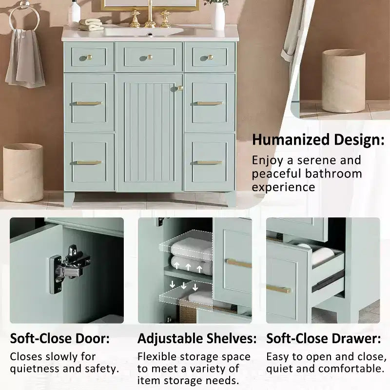 36 Green Bathroom Vanity with Sink, Bathroom Storage Cabinet with Drawers and Adjustable Shelf