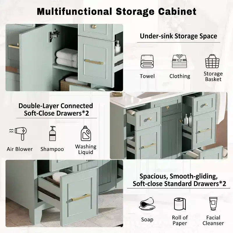 36 Green Bathroom Vanity with Sink, Bathroom Storage Cabinet with Drawers and Adjustable Shelf