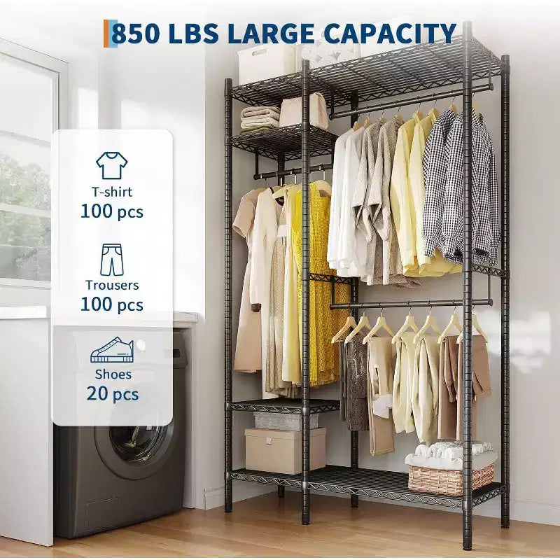 Acekool Clothes Rack Freestanding Wardrobe Metal Closet Organizer Adjustable Shelves for Bedroom