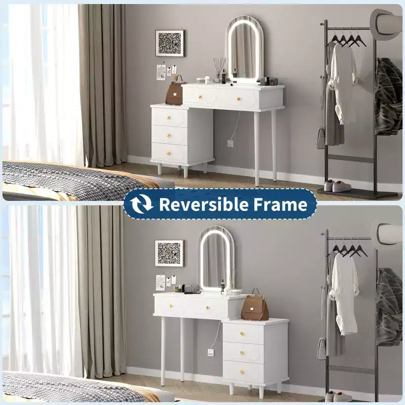 Makeup Vanity Desk with Lights and Mirror, Modern Dressing Table with 2 Drawers & 3-Drawer Cabinet, Adjustable LED Lighting Wood Vanity for Bedroom