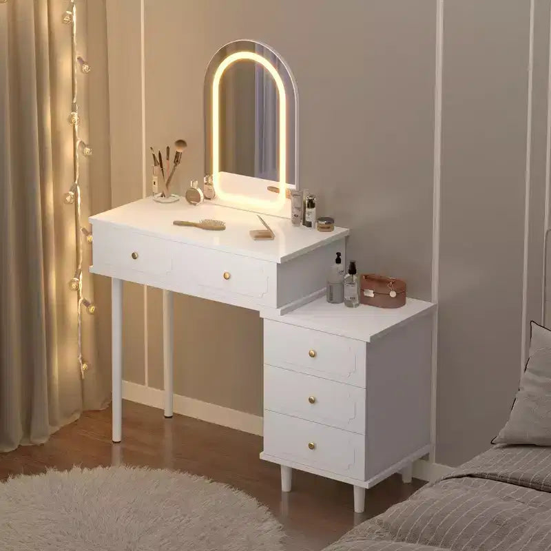 Makeup Vanity Desk with Lights and Mirror, Modern Dressing Table with 2 Drawers & 3-Drawer Cabinet, Adjustable LED Lighting Wood Vanity for Bedroom