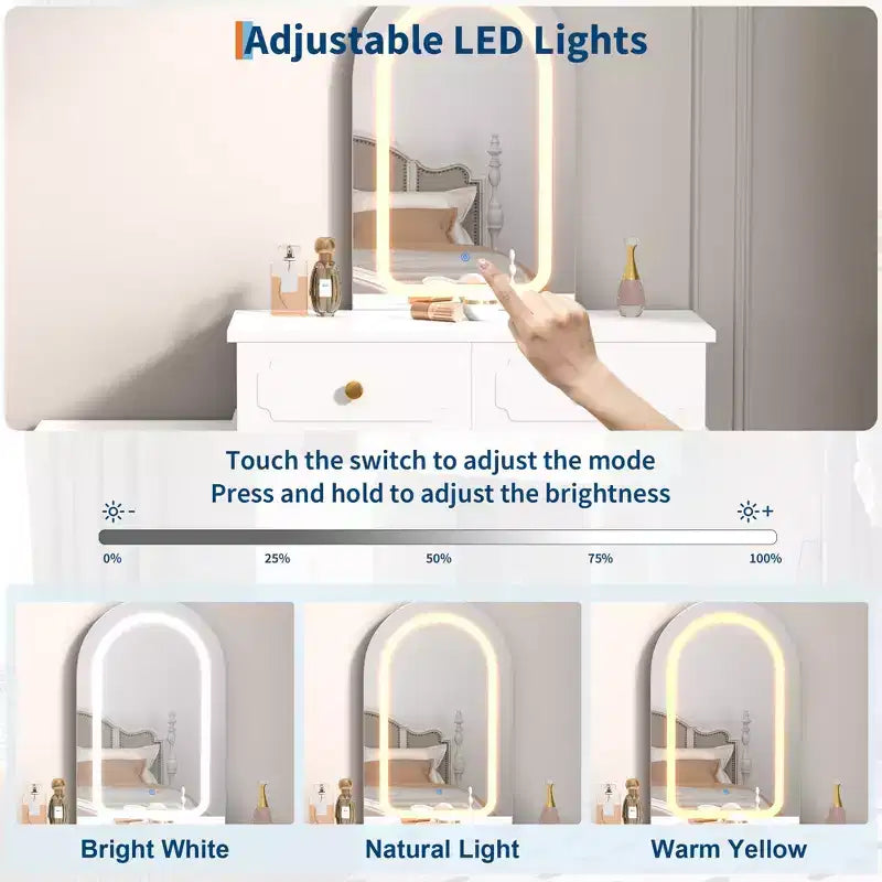 Makeup Vanity Desk with Lights and Mirror, Modern Dressing Table with 2 Drawers & 3-Drawer Cabinet, Adjustable LED Lighting Wood Vanity for Bedroom