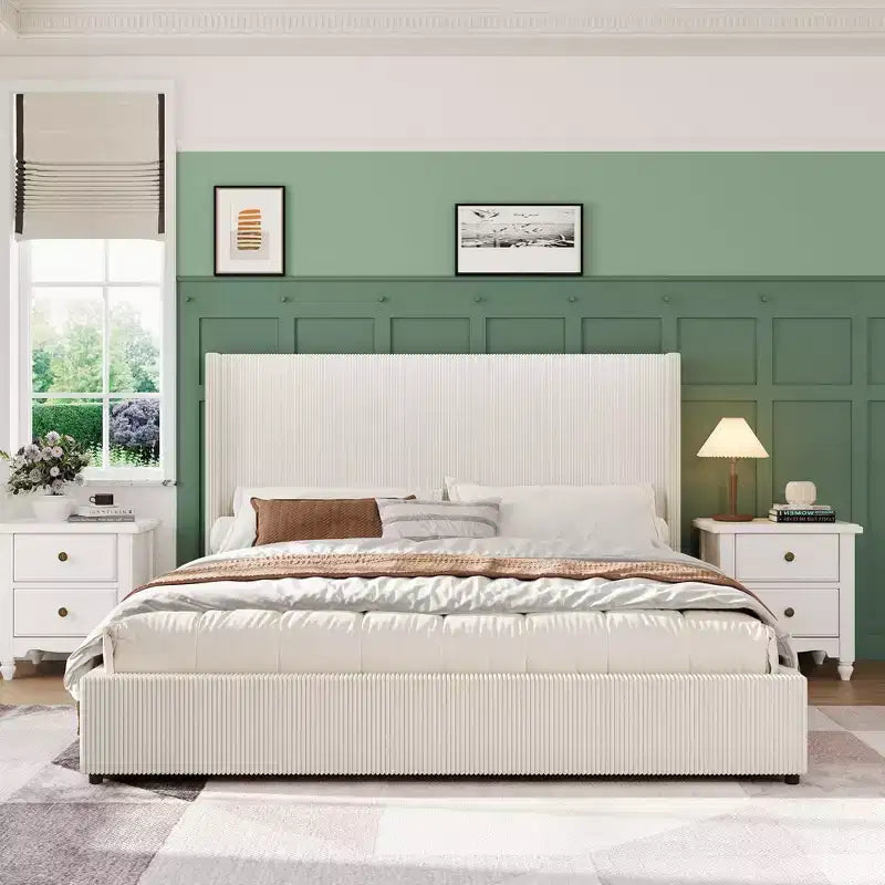 King Size Bed Frame with Storage Drawers, Corduroy Upholstered Platform with Wingback and Tufted Headboard, No Box Spring Needed, Beige