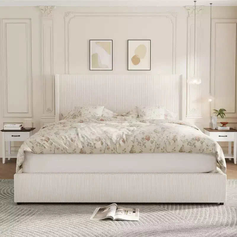 King Size Bed Frame with Storage Drawers, Corduroy Upholstered Platform with Wingback and Tufted Headboard, No Box Spring Needed, Beige