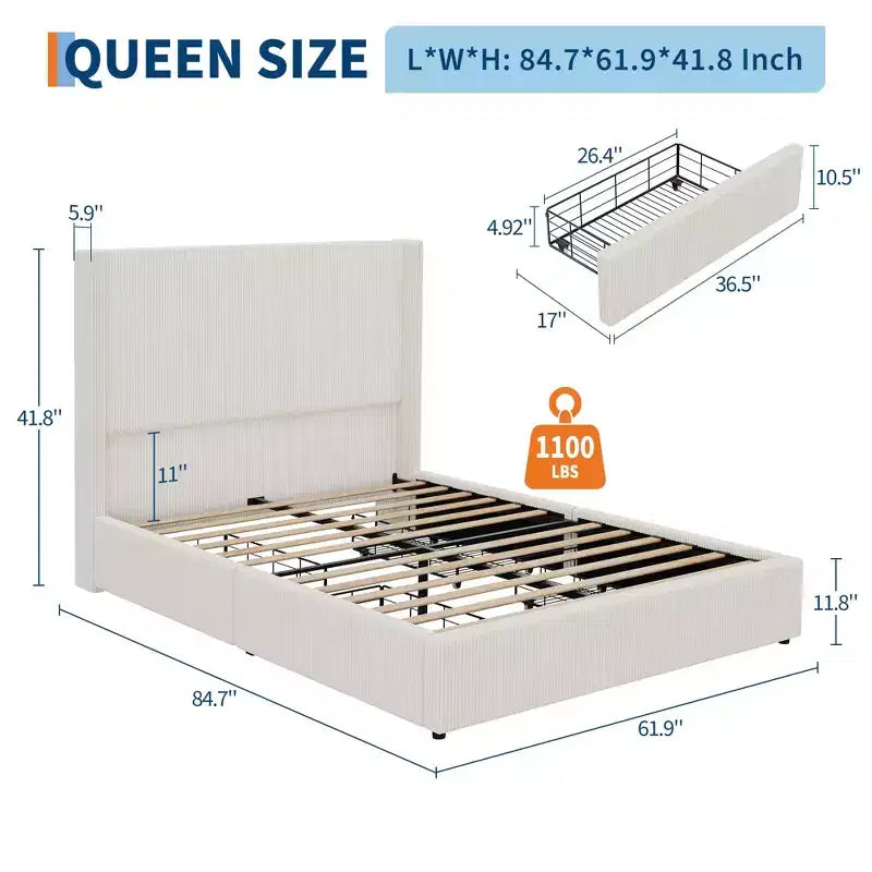 King Size Bed Frame with Storage Drawers, Corduroy Upholstered Platform with Wingback and Tufted Headboard, No Box Spring Needed, Beige