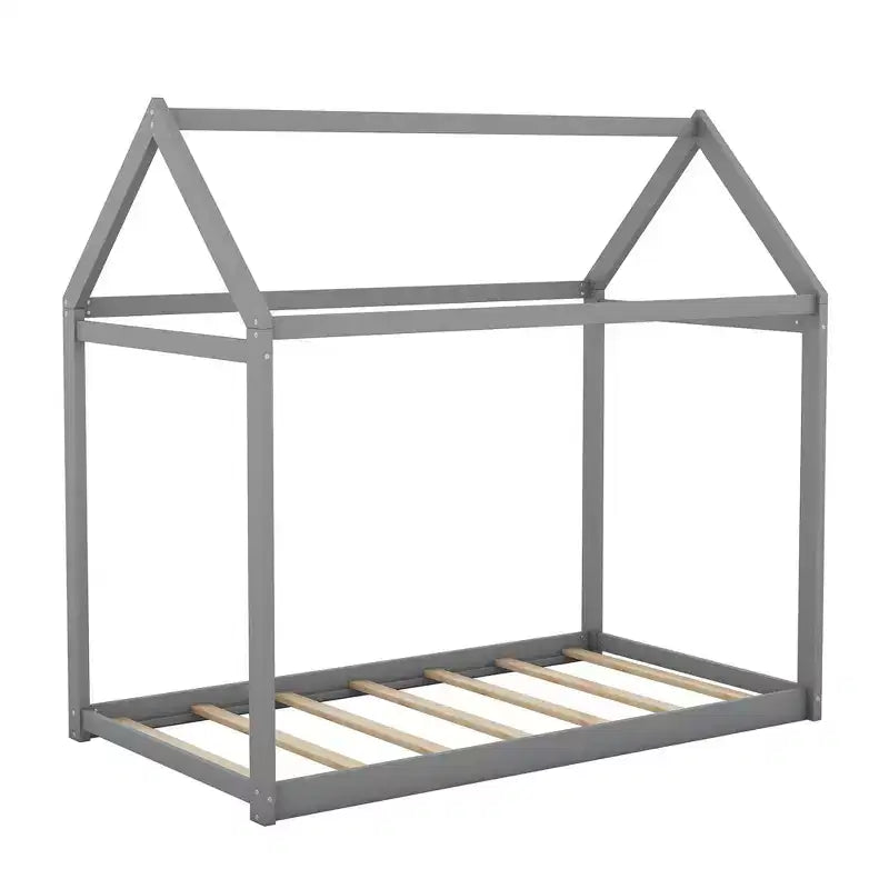 Twin Size Wooden House Floor Bed with Roof - Easy Assembly, No Box Spring Needed for Kids