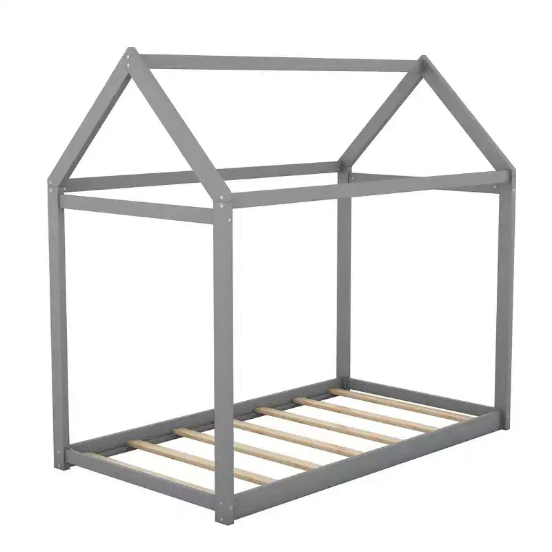 Twin Size Wooden House Floor Bed with Roof - Easy Assembly, No Box Spring Needed for Kids
