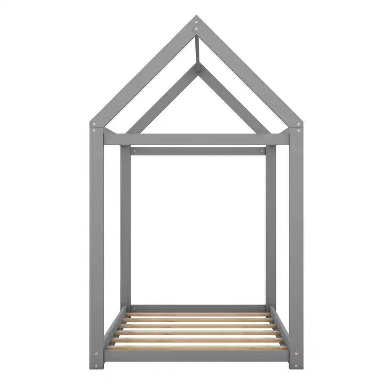 Twin Size Wooden House Floor Bed with Roof - Easy Assembly, No Box Spring Needed for Kids