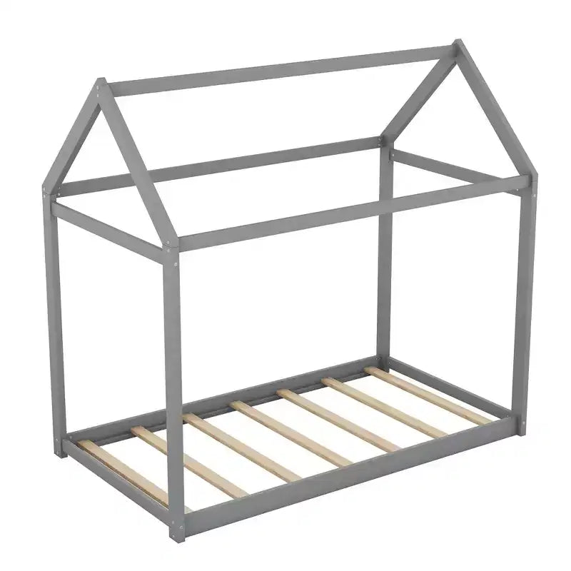 Twin Size Wooden House Floor Bed with Roof - Easy Assembly, No Box Spring Needed for Kids