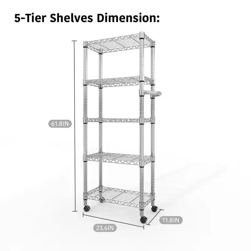 Acekool 5 Tier Metal Storage Shelves with Wheels, 1100 LBS Adjustable Wire Shelving Rack with Side Handle and Locking Wheels, Silver
