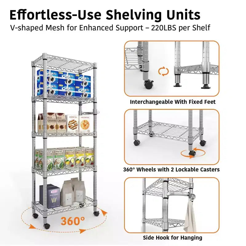 Acekool 5 Tier Metal Storage Shelves with Wheels, 1100 LBS Adjustable Wire Shelving Rack with Side Handle and Locking Wheels, Silver