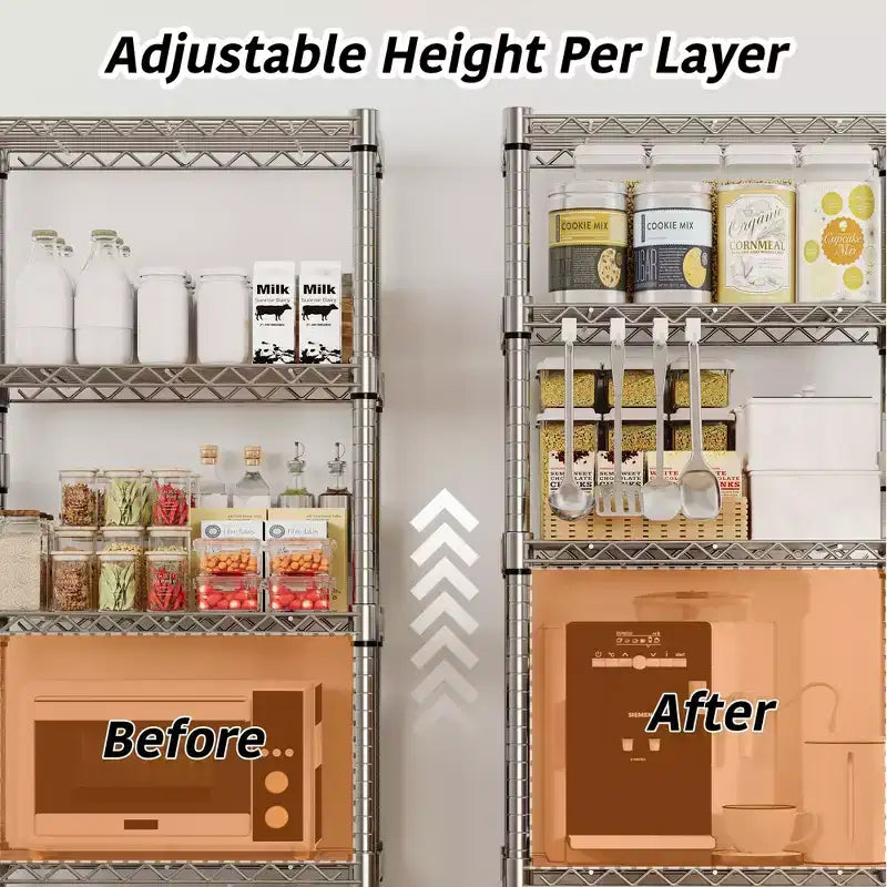 Acekool 5 Tier Metal Storage Shelves with Wheels, 1100 LBS Adjustable Wire Shelving Rack with Side Handle and Locking Wheels, Silver
