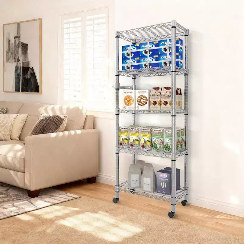 Acekool 5 Tier Metal Storage Shelves with Wheels, 1100 LBS Adjustable Wire Shelving Rack with Side Handle and Locking Wheels, Silver