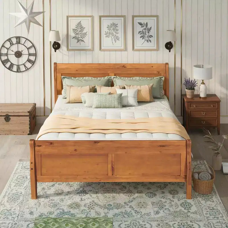 Polibi Solid Wood Platform Bed with Panel Headboard