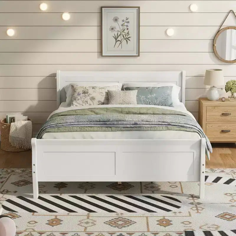Polibi Solid Wood Platform Bed with Panel Headboard