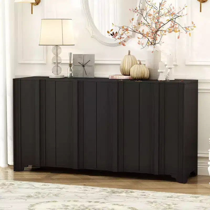 TUYOHW Modern 4-Door Sideboard,Storage Cabinet with Linear Accents,Pine Veneer,Triangular Legs,Console Cabinet for Living Room,Entryway,Study