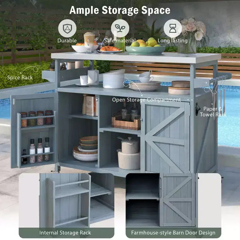TUYOHW Outdoor Kitchen Island with Stainless Steel Top,Mobile Grill Prep Table with Spice Rack,Towel Rack,Storage Cabinet for Kitchen & BBQ