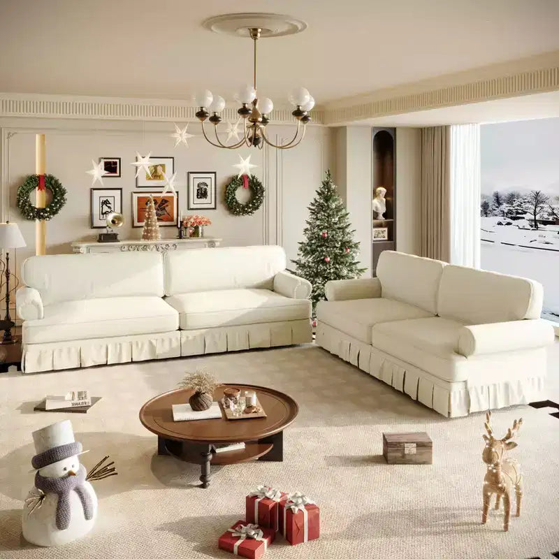 MAYEERTY 74 Luxuriously Comfortable 3 Seater Cloud Couch, Oxford Fabric Sofa with Rolled Arms & Pleated Skirt Design Beige