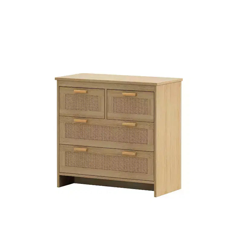 4-Drawer Rattan Dresser, Storage Cabinet with Cane Drawer Fronts, Horizontal Chest for Bedroom, Living Room, Dining Room & Hallway - Panipeachy