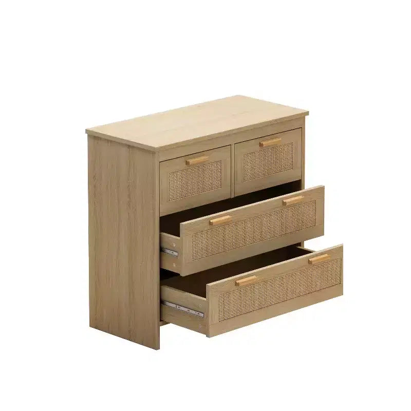 4-Drawer Rattan Dresser, Storage Cabinet with Cane Drawer Fronts, Horizontal Chest for Bedroom, Living Room, Dining Room & Hallway - Panipeachy